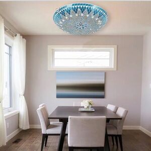 (NEW)Large Tiffany Style Blue Mosaic Art Glass Light Fixture Flush-mount
